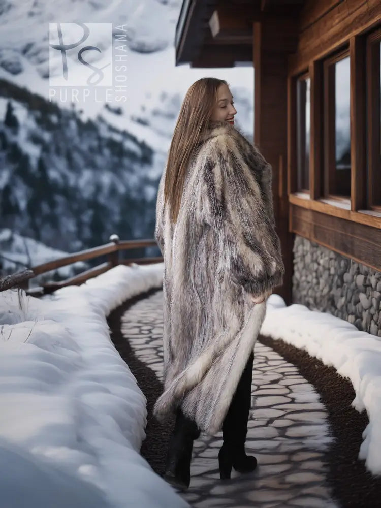 Gray-brown plush fur coat with shawl collar, long sleeves, side view
