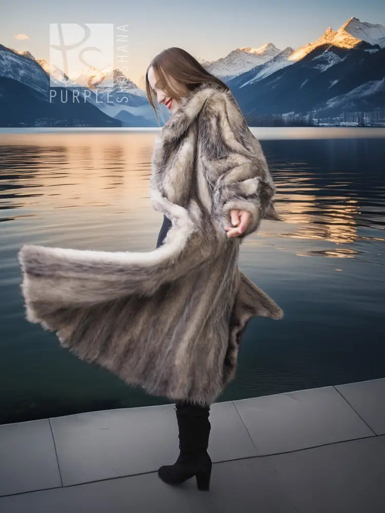 Plush fur coat with shawl collar, flowing flared skirt and long sleeves