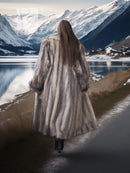 Gray-brown plush fur coat with shawl collar, full length, back view