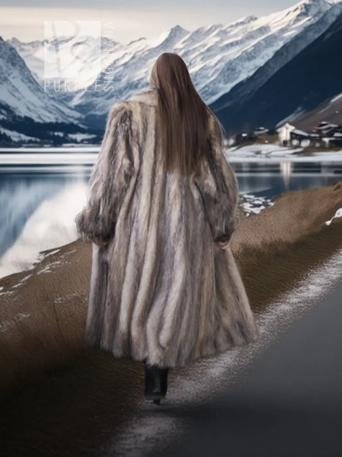 Gray-brown plush fur coat with shawl collar, full length, back view