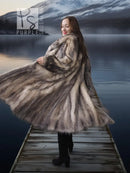 Back view plush fur coat with shawl collar, broad flared hem and long sleeves