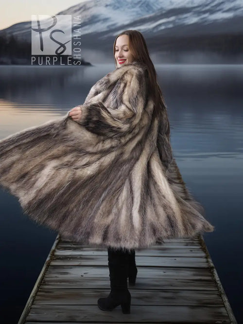Back view plush fur coat with shawl collar, broad flared hem and long sleeves