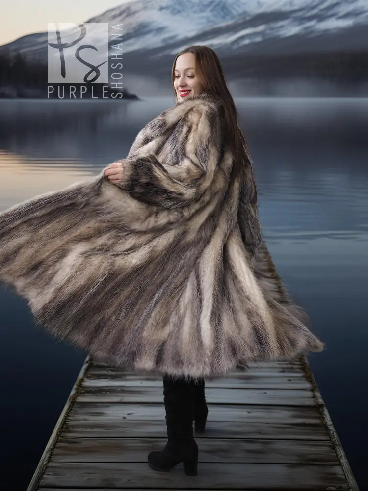 Back view plush fur coat with shawl collar, broad flared hem and long sleeves