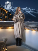 Plush fur coat with shawl collar, long sleeves, full length, gray-brown