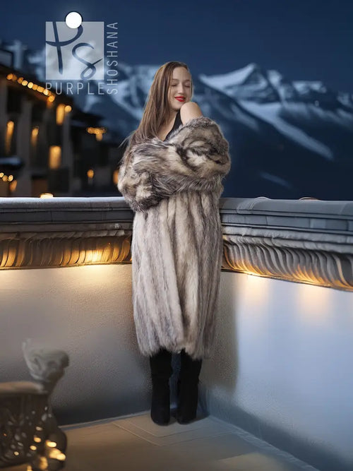 Plush fur coat with shawl collar, long sleeves, full length, gray-brown