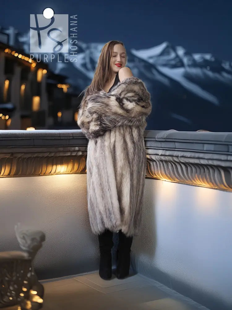 Plush fur coat with shawl collar, long sleeves, full length, gray-brown