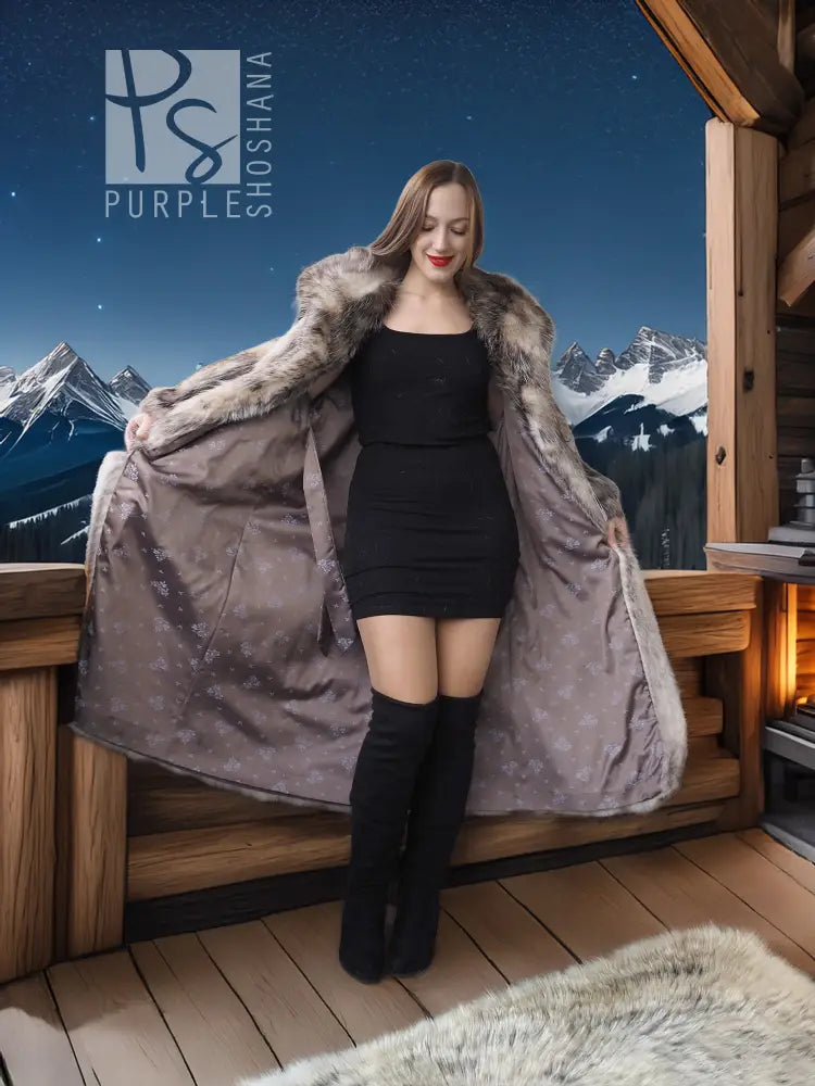 Gray-brown plush fur coat with shawl collar, wide open front, long sleeves