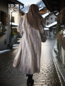 Gray-brown plush fur coat with shawl collar, full-length back view, flowing sleeves