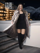 Plush fur coat with shawl collar, open front, long sleeves, gray-brown