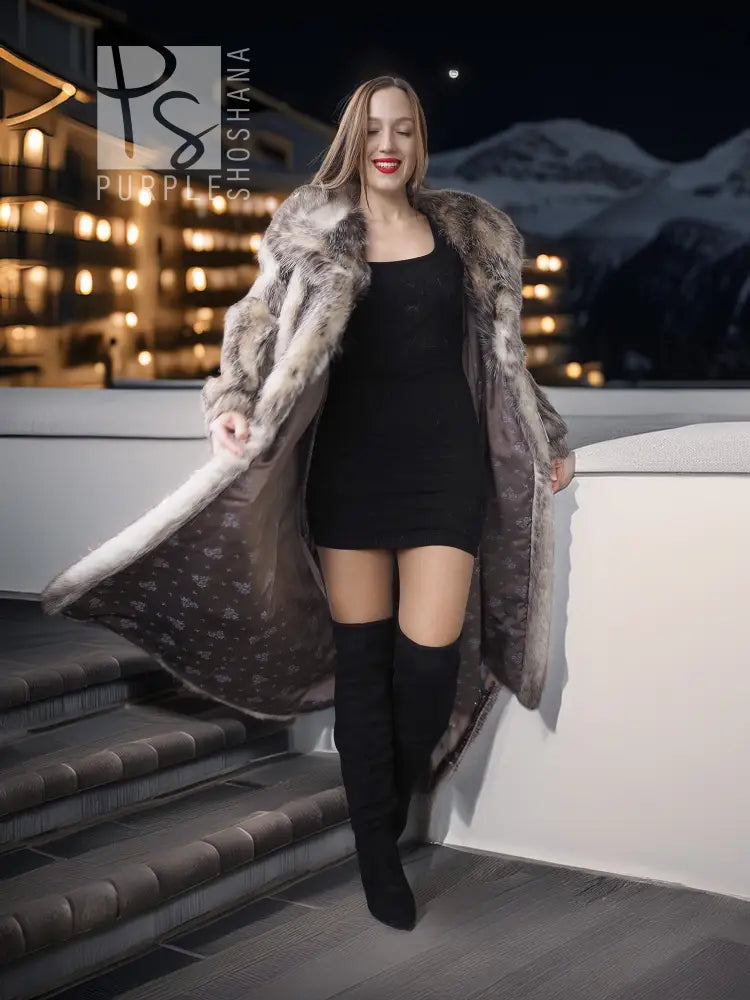 Plush fur coat with shawl collar, open front, long sleeves, gray-brown