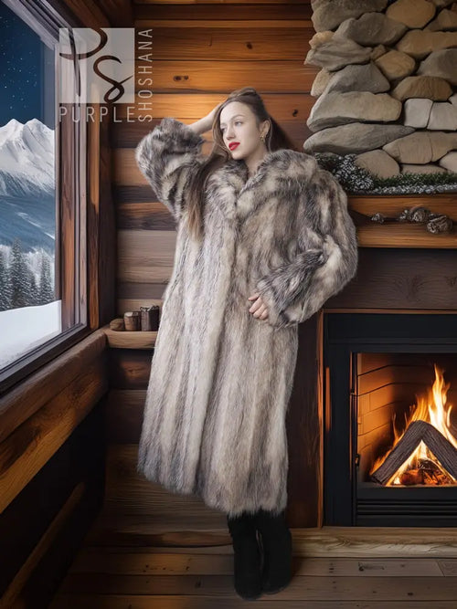 Plush fur coat with shawl collar, long sleeves and full-length buttonless front