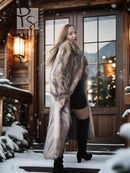 Gray-brown plush fur coat with shawl collar, mid-chest to knee length, front view