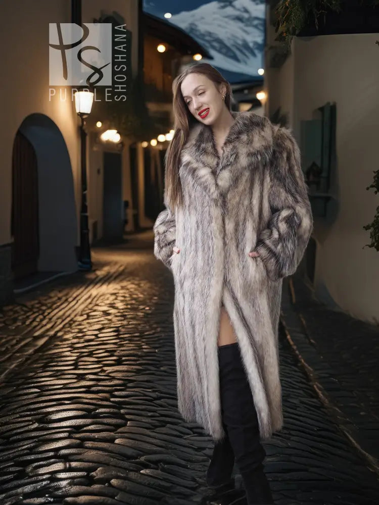 Plush long fur coat with shawl collar, open front, textured gray-brown