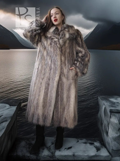 Long plush fur coat with shawl collar, straight front and full-length fit