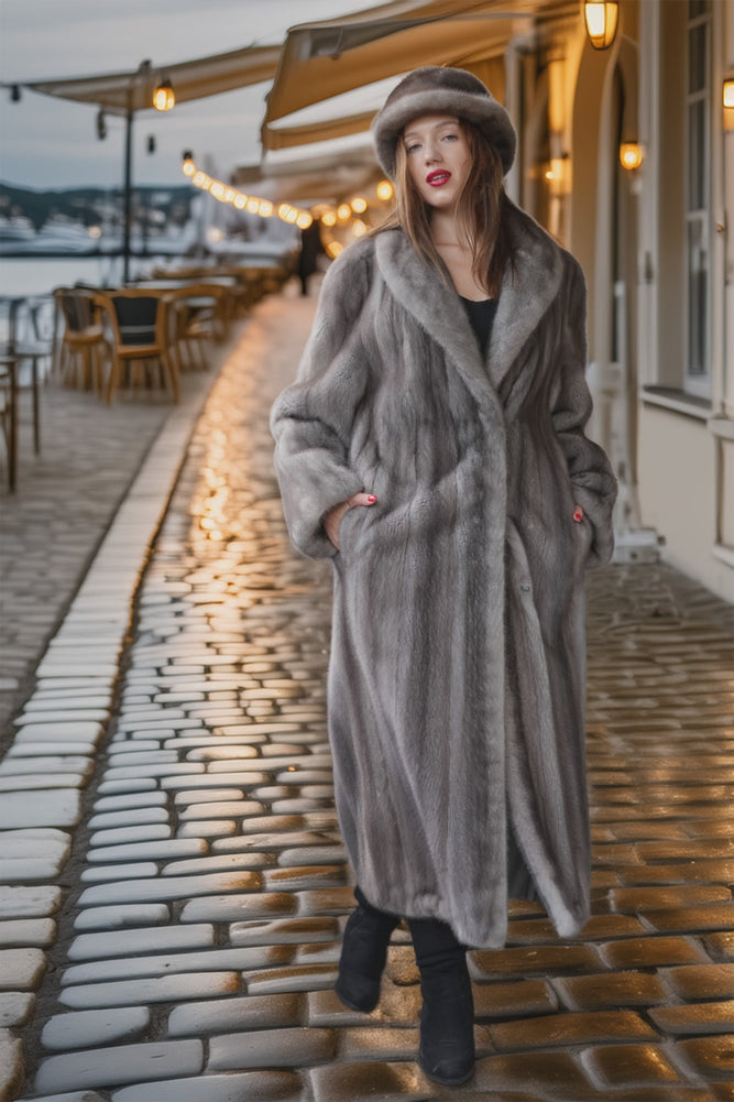 "Sapphire Afterglow" Full-Length Sapphire Mink Fur Coat And Bonus Hat