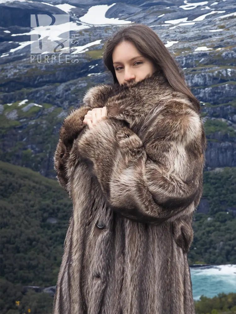 Raccoon fur coat, taupe-brown with high collar and plush fur cuffs