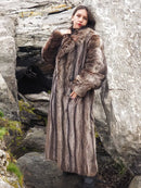 Raccoon fur coat for men, long hooded fur coat with visible belt and wide cuffs.