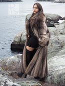 Raccoon fur coat, taupe-brown with oversized fur collar and wrap front