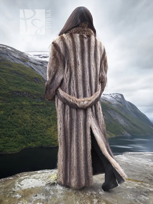 Raccoon fur coat for men, long hooded back view with tied belt at the waist.