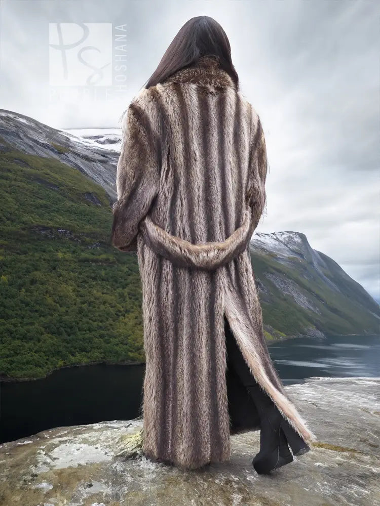 Raccoon fur coat for men, long hooded back view with tied belt at the waist.