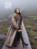 Raccoon fur coat for men, long hooded style with belt at waist and plush fur texture.