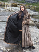 Raccoon fur coat for men, long hooded open coat with draped fur panels and belt.