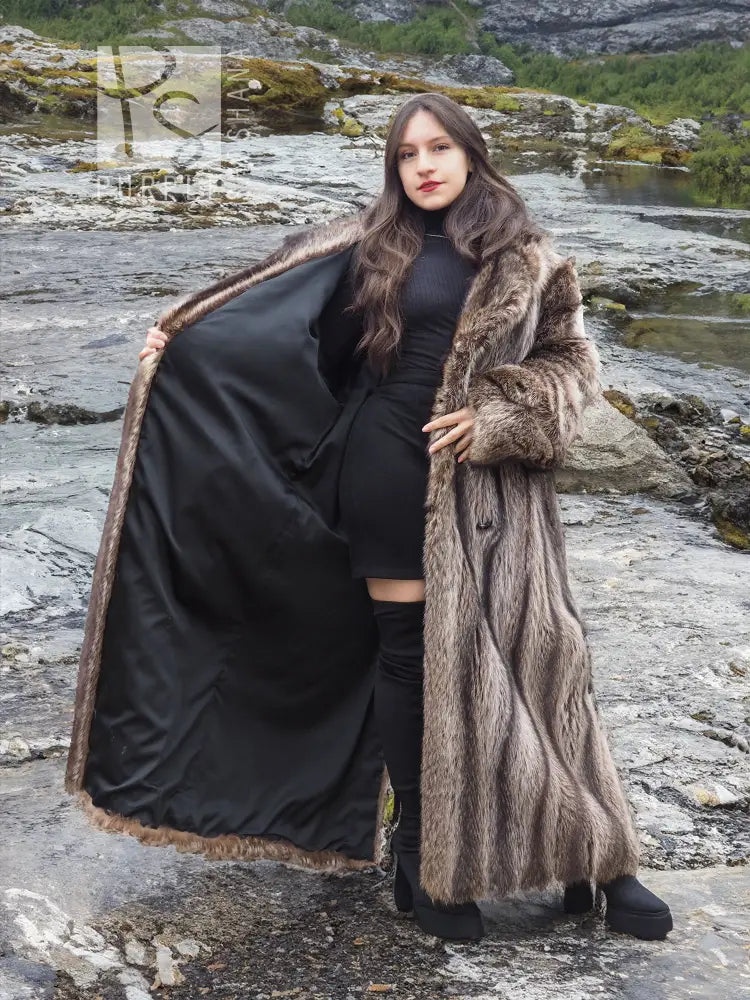 Raccoon fur coat for men, long hooded open coat with draped fur panels and belt.
