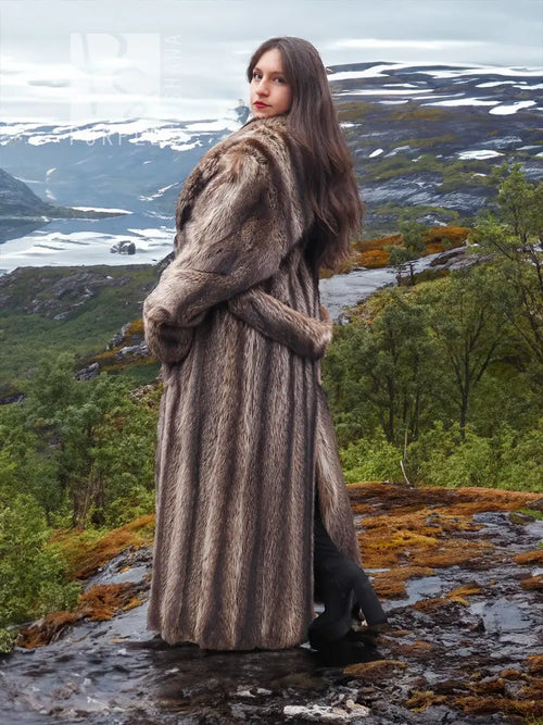 Raccoon fur coat, long taupe-brown shaggy texture with waist tie belt