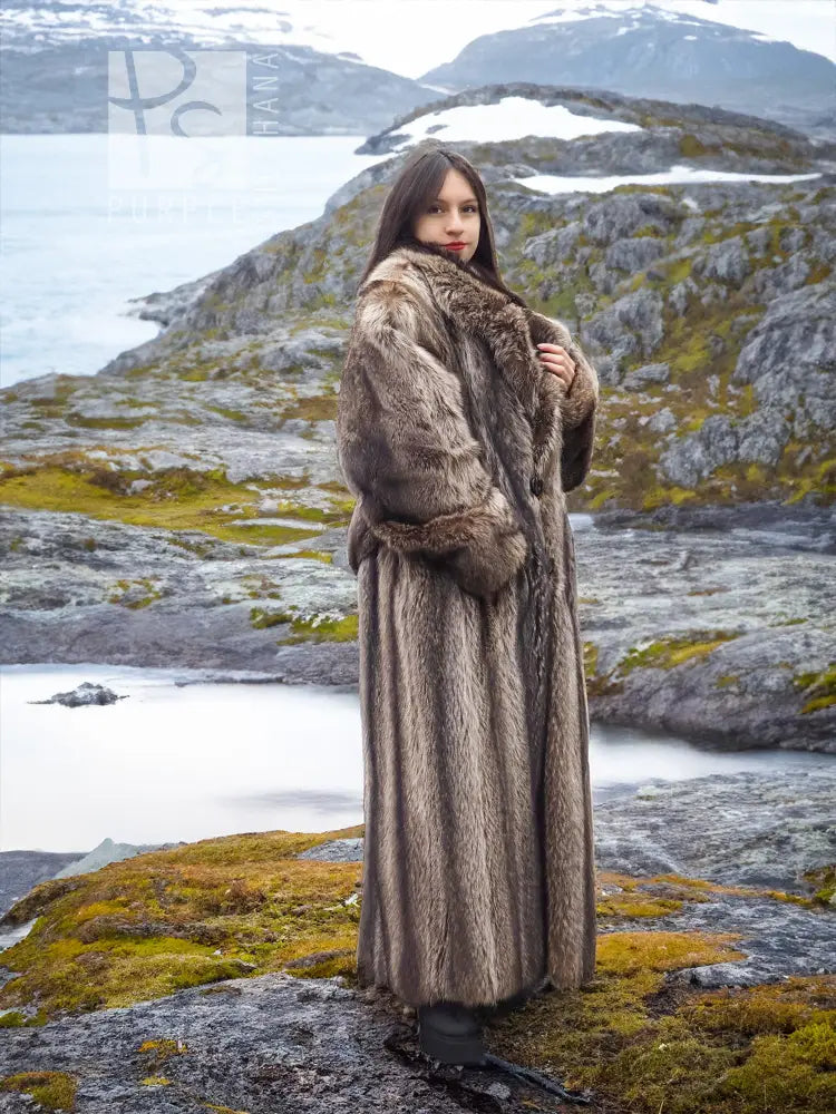 Raccoon fur coat for men, long hooded coat with full length fur texture and belt detail.