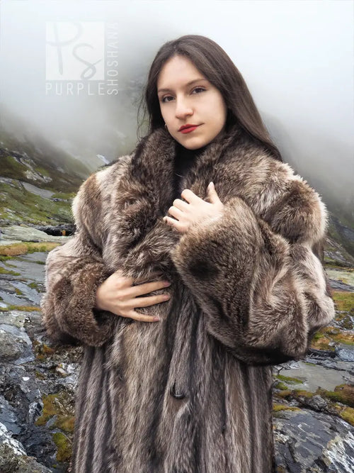 Raccoon fur coat close-up, taupe-brown plush fur with stand collar