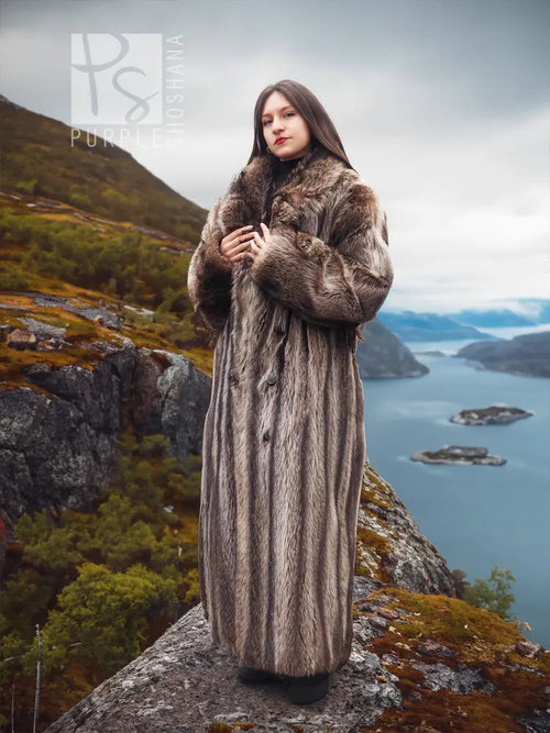 Raccoon fur coat for men, long hooded style with open front and plush textured fur.