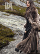 Raccoon fur coat for men, long hooded side view with belt tie and plush fur cuffs.