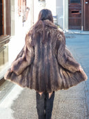 Back view raccoon fur coat with full skirt hem and wide collar, brown.