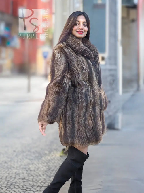Raccoon fur coat with thick shag fur and buttonless open front, brown.