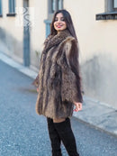 Raccoon fur coat with stand collar and textured fur, full length, brown.