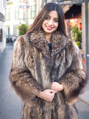 Raccoon fur coat with open front and wide collar, long sleeves, brown.