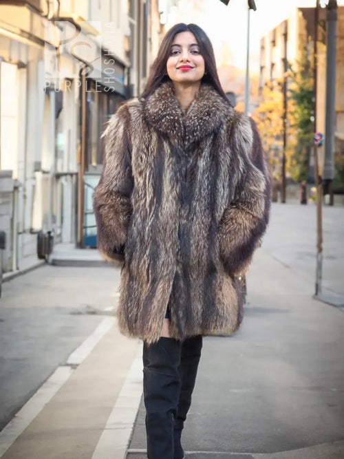 Raccoon fur coat with wide collar, mid-length, button front, dark brown/gray