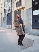 Raccoon fur coat, side view, wide collar, button front, dark brown/gray