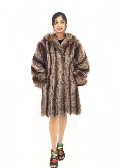 Raccoon fur coat with hood, long sleeves, front view