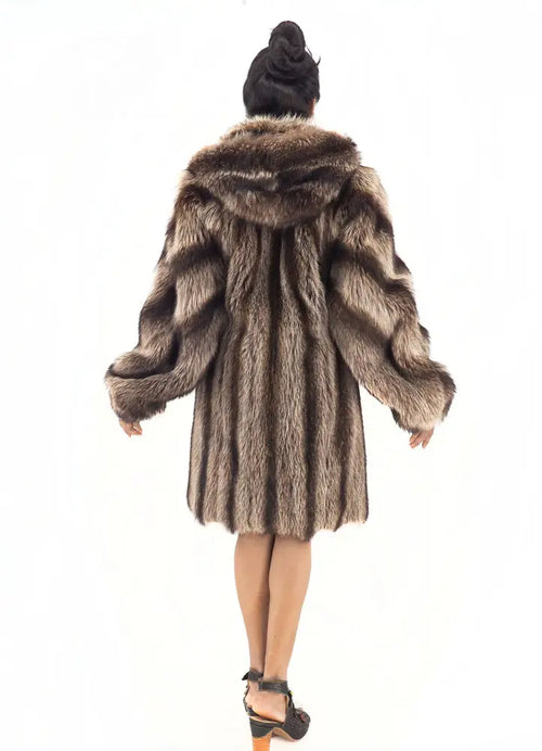 Raccoon fur coat with hood, back view showing full length and hem