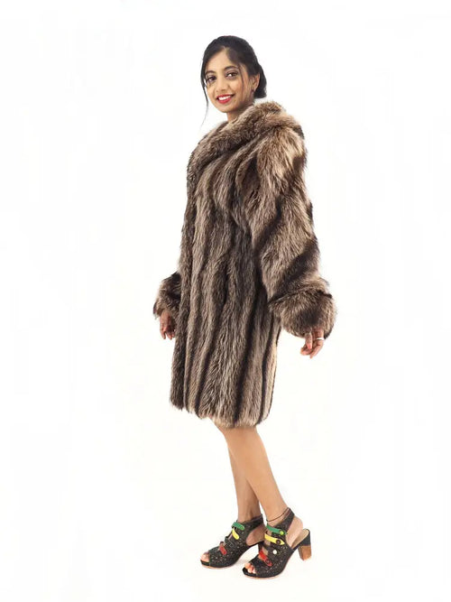 Raccoon fur coat with hood, opposite side view with full sleeves
