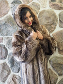Brown raccoon fur coat with hood, full-length buttonless style