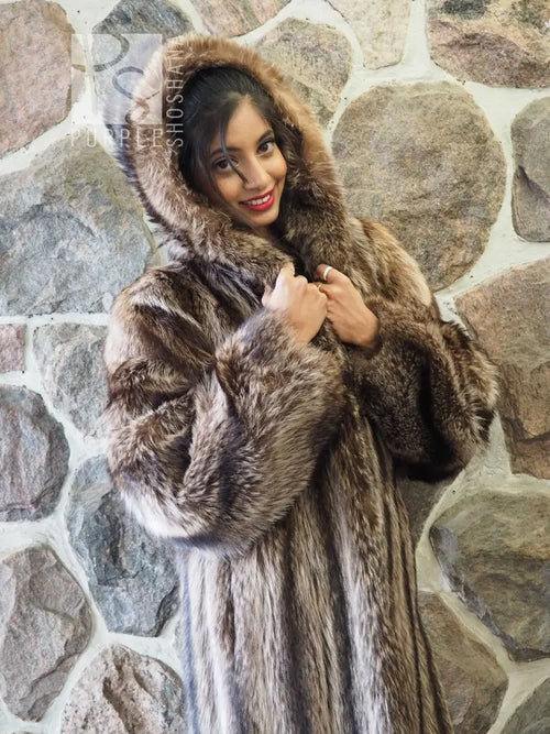 Brown raccoon fur coat with hood, full-length buttonless style