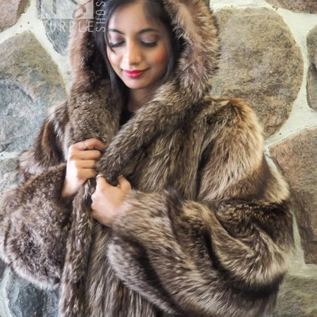 Raccoon Fur Coat Coats With Hood Made in Canada S – Purple