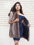 Unisex raccoon fur vest with draped open front and contrasting light fur trim
