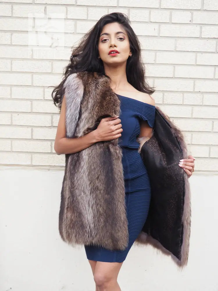 Unisex raccoon fur vest with draped open front and contrasting light fur trim