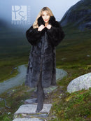 Black plush fur coat with stand collar and full-length faux-fur design.