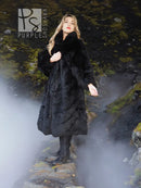 Black plush long coat with textured faux fur, wide collar, and knee-to-ankle length.