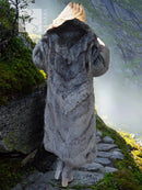 Black plush fur coat with wide shoulders and long length, back view.