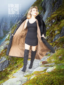 Reversible tan water-repellent coat with black plush lining panels.